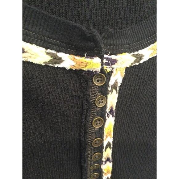 Free People Thermal Shirt Black Waffle Knit Embroidered Y2K Henley Top Size XS - Picture 8 of 13